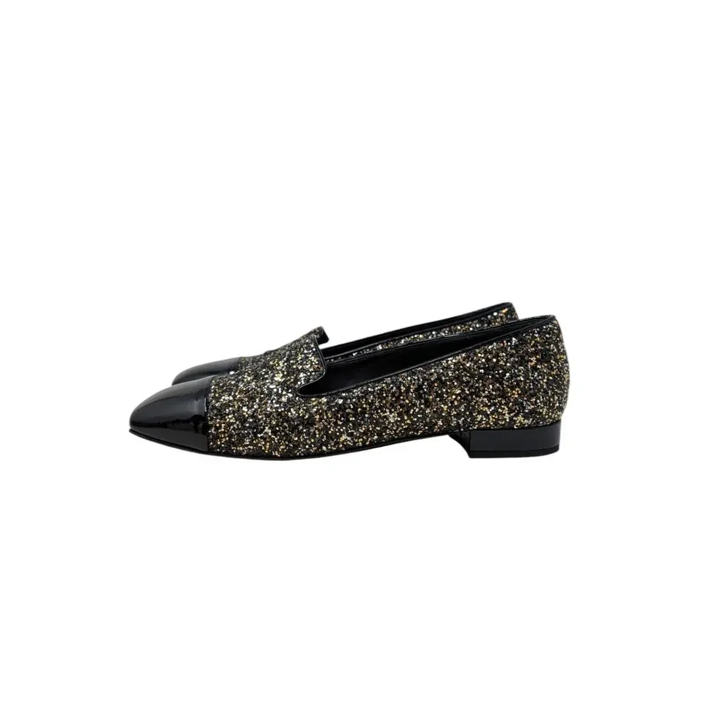 Chanel Loafer CC Logo Glitter Cap Toe Patent Mocassin Flat Black Gold 39 | 8.5